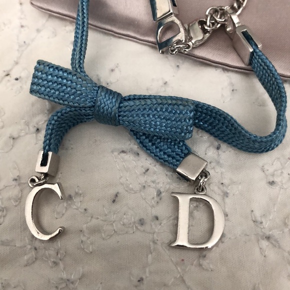 Christian Dior Blue Bow Cord Bracelet with Silver CD Charm - Picture 2 of 6
